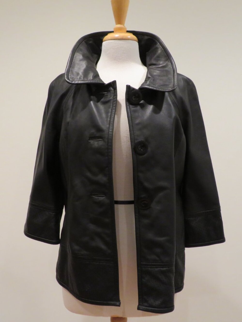 Tesori Black Leather Jacket Small 3/4 Sleeve Perforated Coat